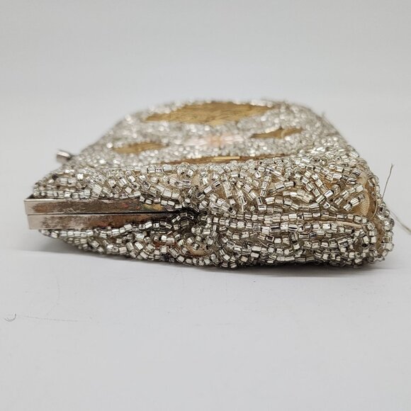 Vintage 1950's Silver Pearl Diamond Pattern Hand Beaded Evening Purse Clutch - Picture 9 of 12